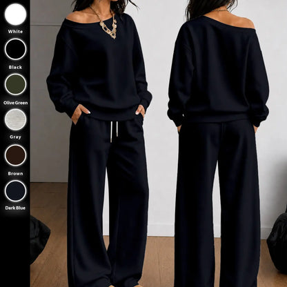 Women's 100% Cotton Two-Piece Set with Asymmetrical Sweatshirt & Wide-Leg Pants