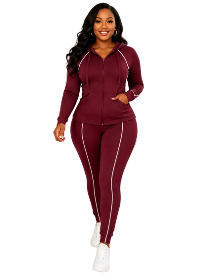Women's 2-Piece 2026 Autumn/Winter Casual Striped Hooded Jacket & Full-Length Pants Set