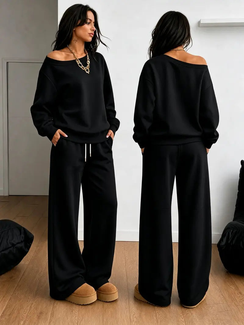 Women's 100% Cotton Two-Piece Set with Asymmetrical Sweatshirt & Wide-Leg Pants