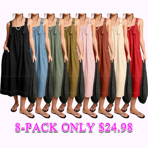 Women's Adjustable Straps Barrel Midi Dress Sleeveless Casual Midi Dress with Side Pockets for Summer Beach Vacation