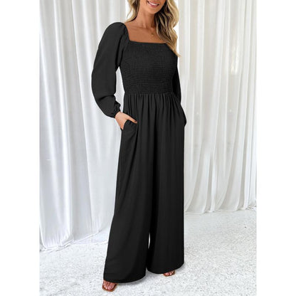 Women's Casual Loose Overalls Jumpsuits One Piece Long Sleeve Wide Leg Long Pant Rompers With Pockets