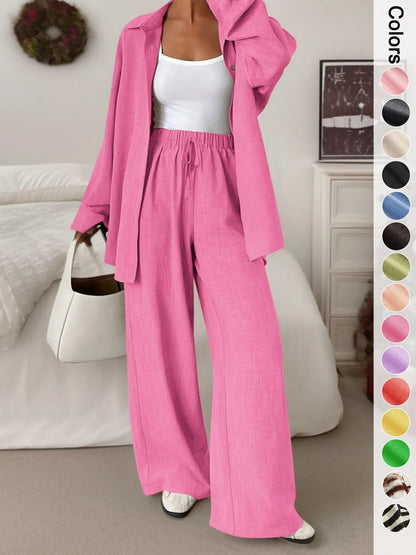Women's casual athletic-style shirt and pants set—a two-piece ensemble featuring a loose-fitting button-down shirt and wide-leg pants, both comfortable and stylish