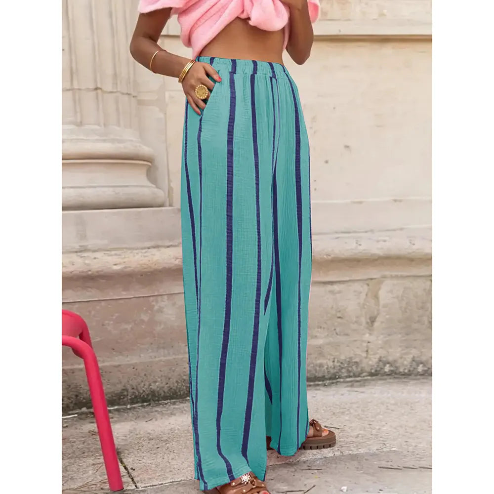 Women's Linen Striped Print Wide Leg Pants