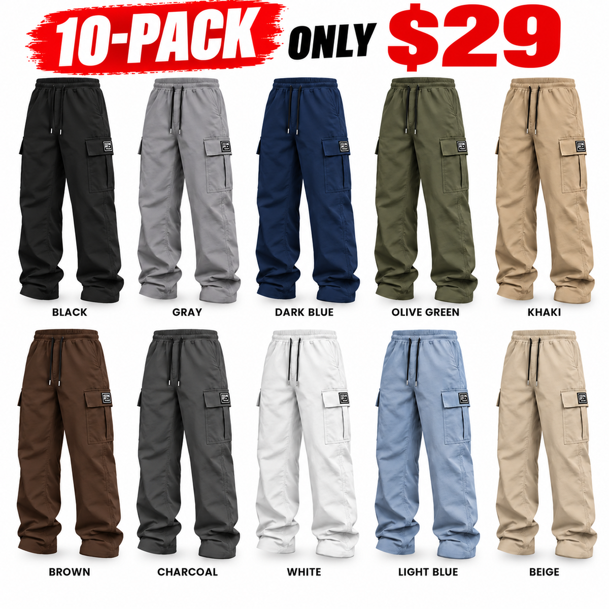 Men's cargo pants, solid-color casual loose-fit cargo trousers.