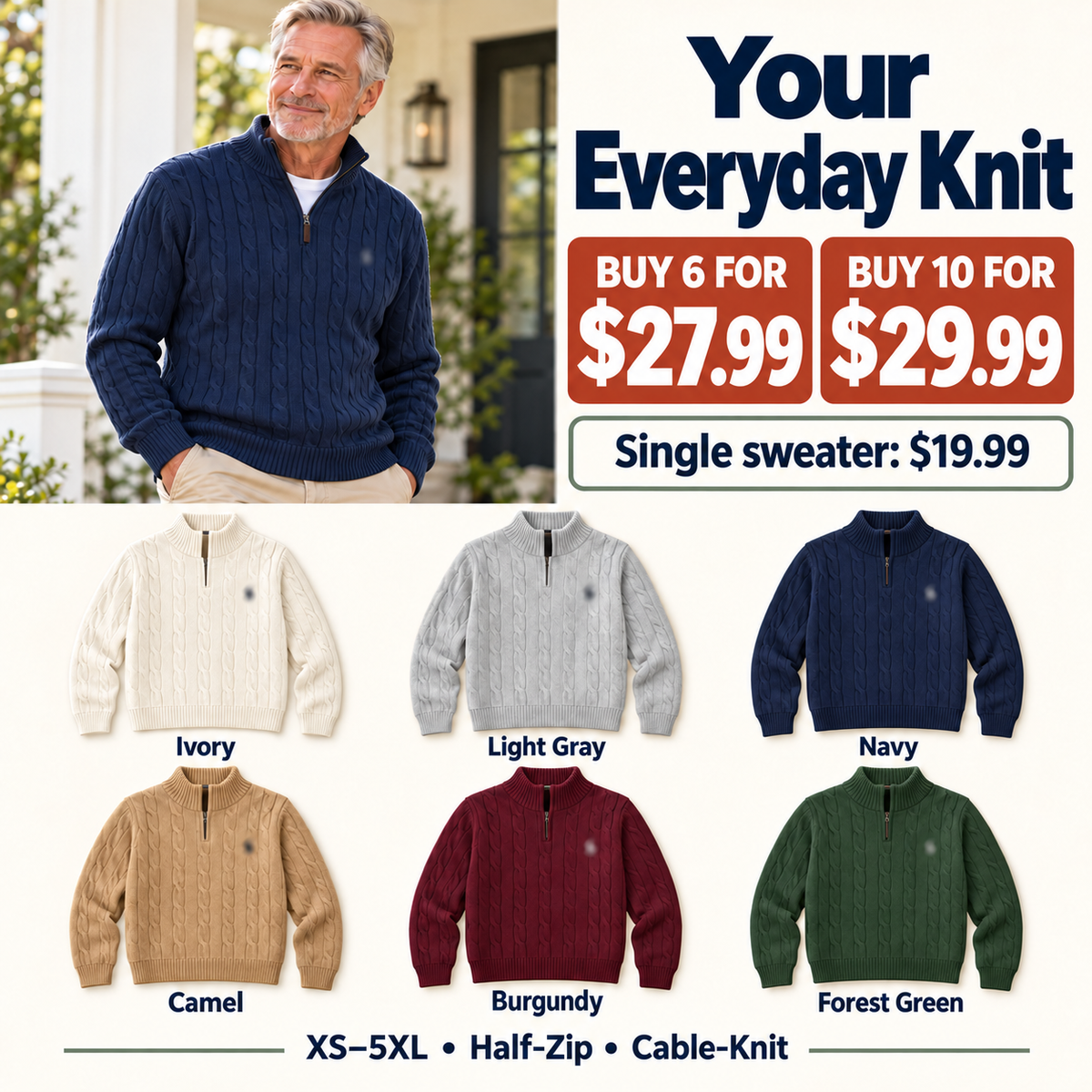 🍂 Men's Classic Quarter-Zip Cable-Knit Sweaters 🔥 Everyday Comfort | Clearance Bundle Deal