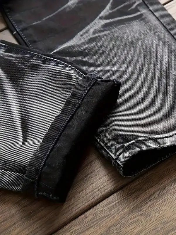 Men's Worn Frayed Tight Waisted Washed Black Denim Jeans – Unique Graphic Design Retro Stretch Casual Streetwear Hip Hop Style