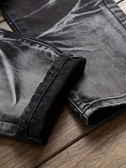 Men's Worn Frayed Tight Waisted Washed Black Denim Jeans – Unique Graphic Design Retro Stretch Casual Streetwear Hip Hop Style