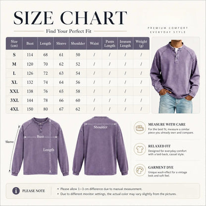 Men's Vintage Washed Henley Pullover – 3-Button Long Sleeve Relaxed Fit Casual Shirt