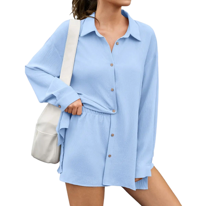 Womens Gauze Shirt & Shorts Set 2-in-1 Button Connected Oversized Long Sleeve Button-Down Top with Attachable Safety Shorts