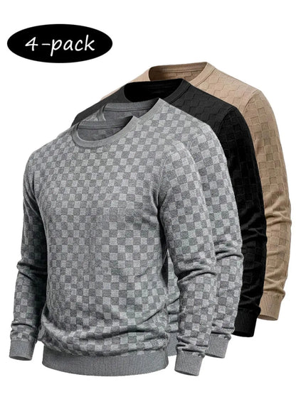 4-Pack Men's Checkered Knit Sweaters – Lightweight Crewneck Long Sleeve Pullovers