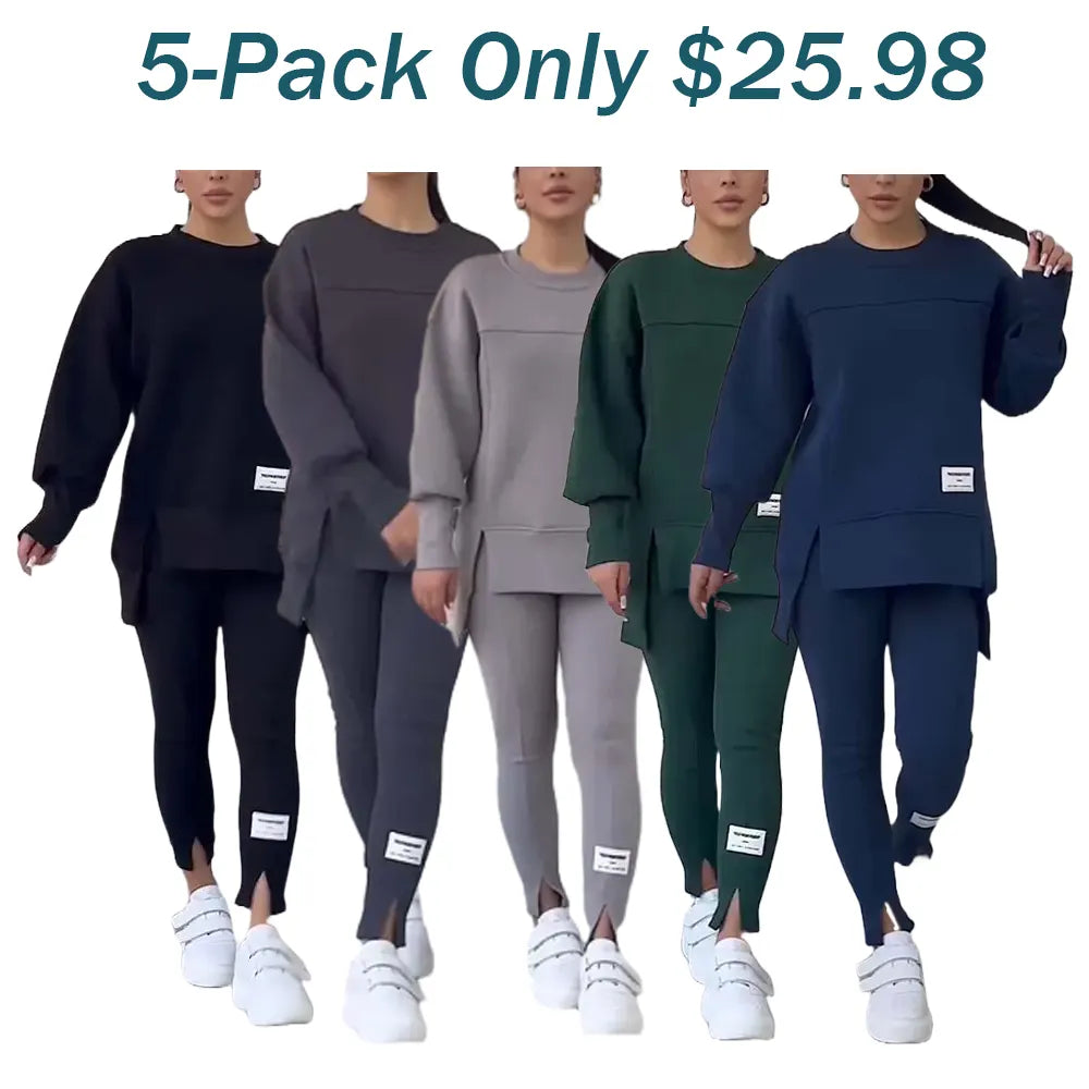 Women's Casual Solid Color Round Neck Long Sleeve Slit Hem Sweatshirt Leggings Set