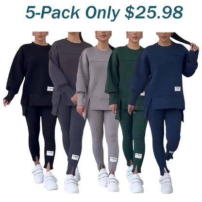 Women's Casual Solid Color Round Neck Long Sleeve Slit Hem Sweatshirt Leggings Set