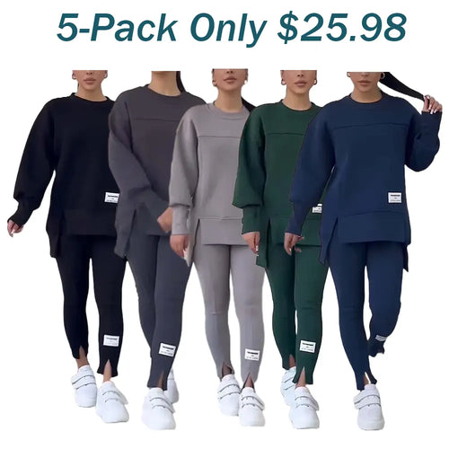 Women's Casual Solid Color Round Neck Long Sleeve Slit Hem Sweatshirt Leggings Set