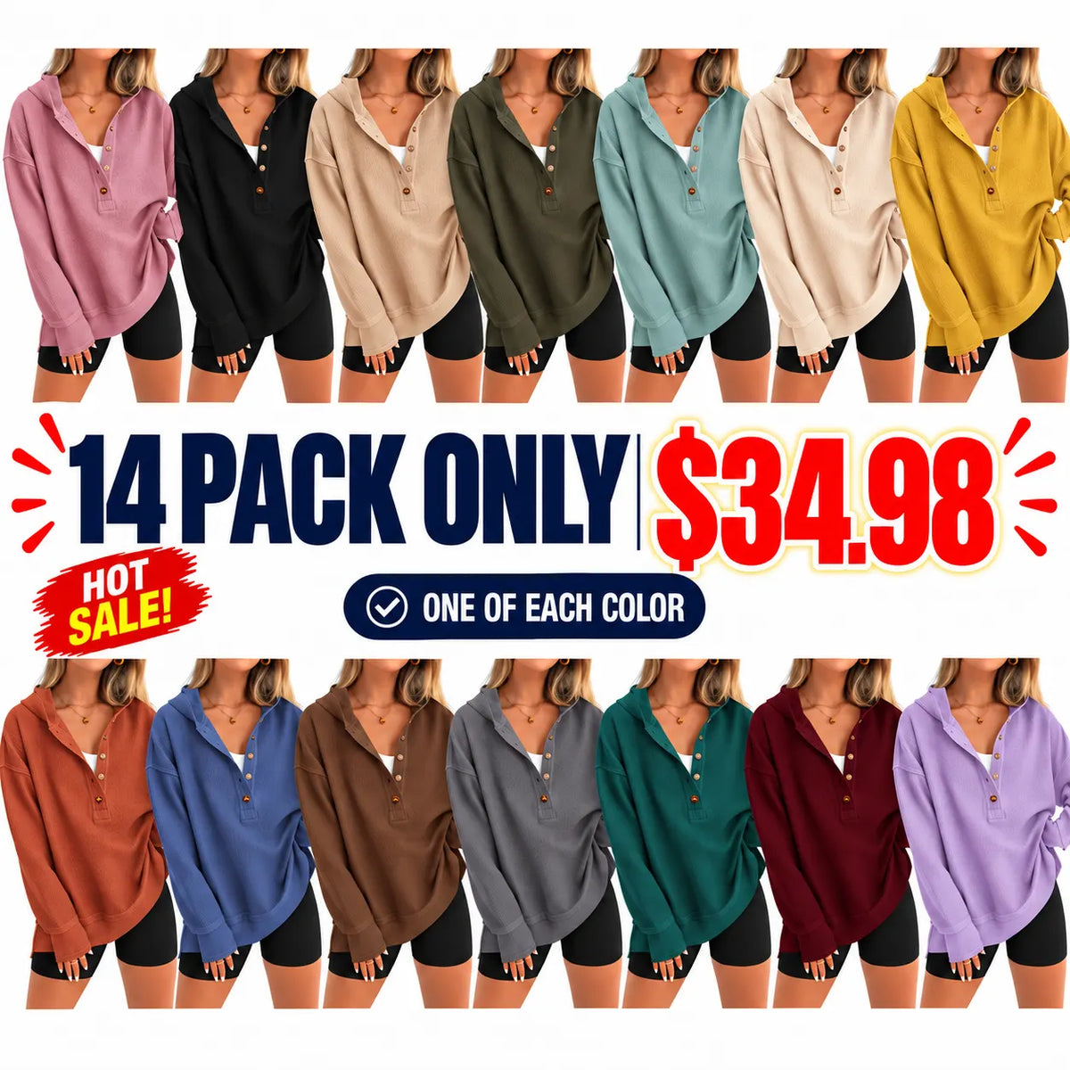 Women's Oversized Button V-Neck Hoodie Sweatshirt Long Sleeve Side Slit Casual Fall Pullover Top
