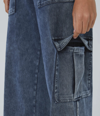 Mid Rise Multi Pockets Straight Leg Stretch Casual Cargo Jeans