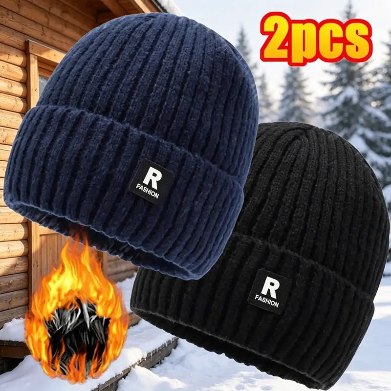 2-Pack Men's Fleece-Lined Knit Beanies, Warm Cuffed Winter Hats