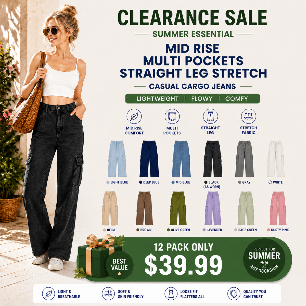 Mid Rise Multi Pockets Straight Leg Stretch Casual Cargo Jeans