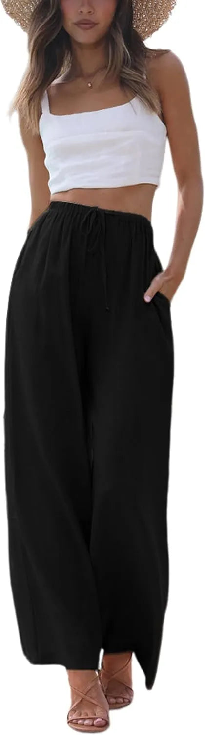 Women's Cotton Linen Summer Palazzo Pants Flowy Wide Leg Beach Trousers with Pockets