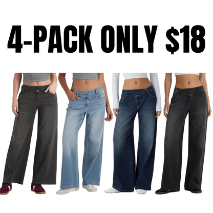 Asymmetric Low Rise Zipper Pockets Baggy Wide Leg Washed Casual Jeans