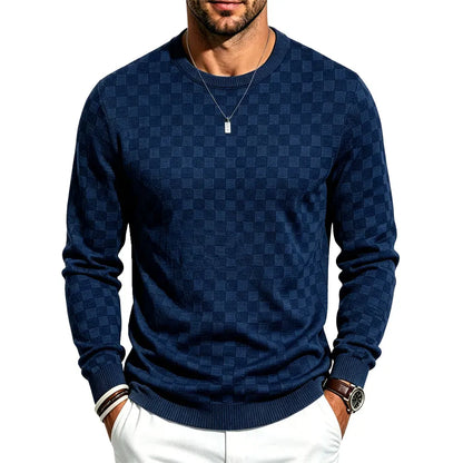 Men's Classic Plaid Knit Pullover with Textured Grid Pattern & Long Sleeves