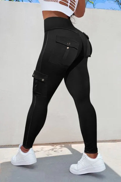 Solid Flap Pocket High Waist Sports Leggings