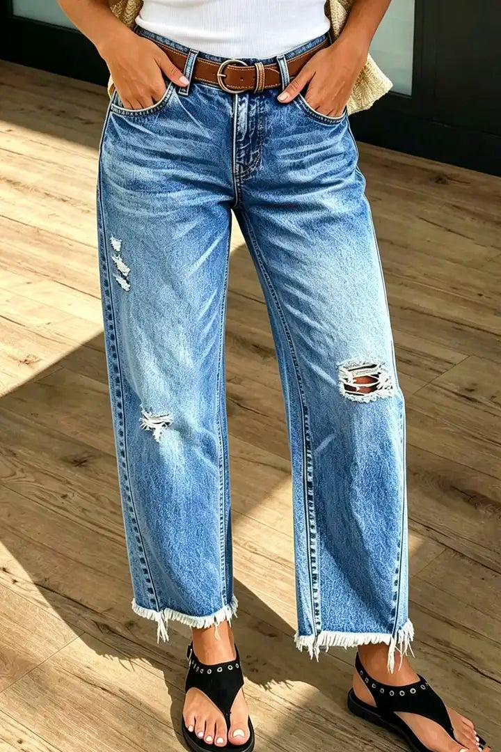 🔥 4 FOR ONLY $26.99! Women’s Mid-Waist Straight Leg Crop Jeans – Washed Ripped Raw Hem Denim