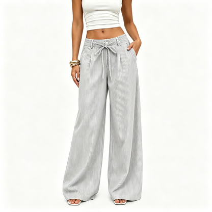 💚 Women's  Striped With Pockets Black Baggy Low Rise Wide Leg Pants