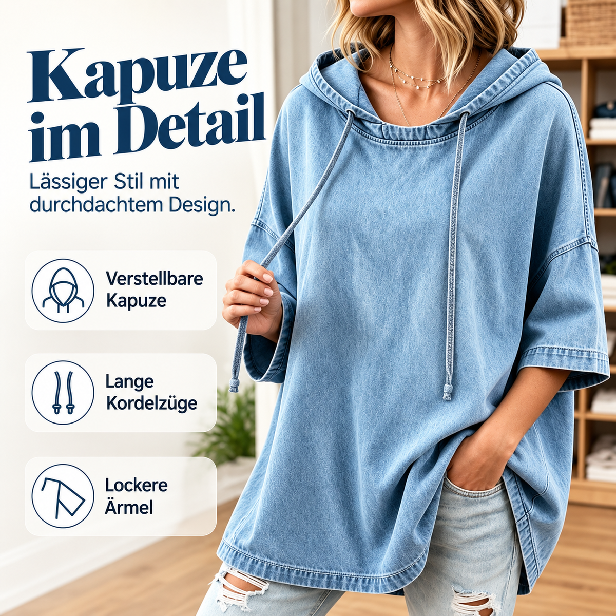 Lässiger, weit geschnittener Jeans-Kapuzenpullover für Damen