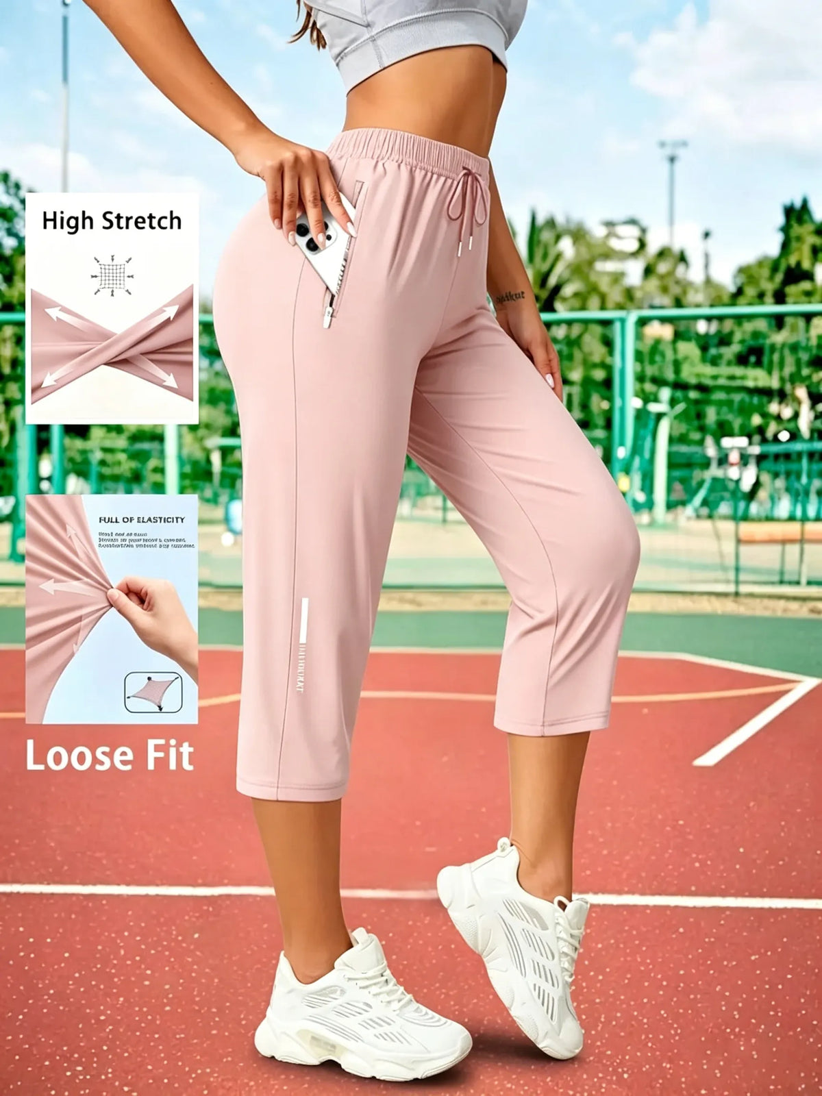 Women's Capris Pants - Loose Fit, Summer Drawstring Waist, Zippered Pockets, Breathable High-Stretch Fabric, Suitable for Everyday Wear