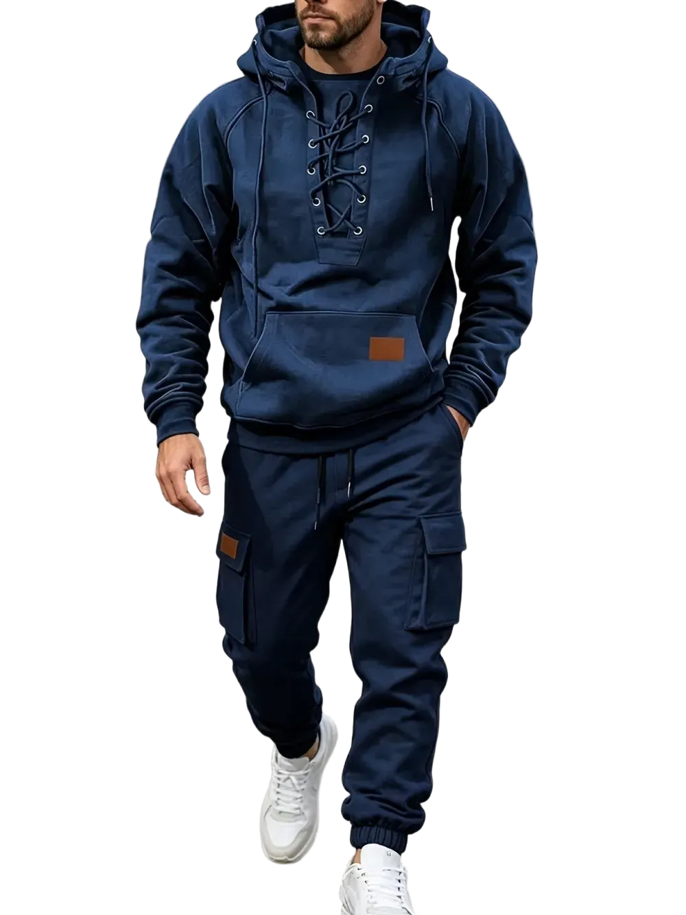 Men's Chest Tie‐Up Hoodie And Multi‐Pocket Ankle‐Cuffed Joggers