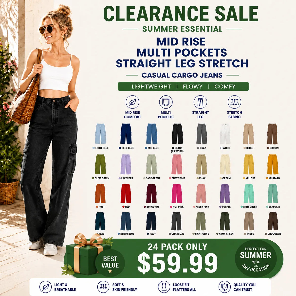 Mid Rise Multi Pockets Straight Leg Stretch Casual Cargo Jeans