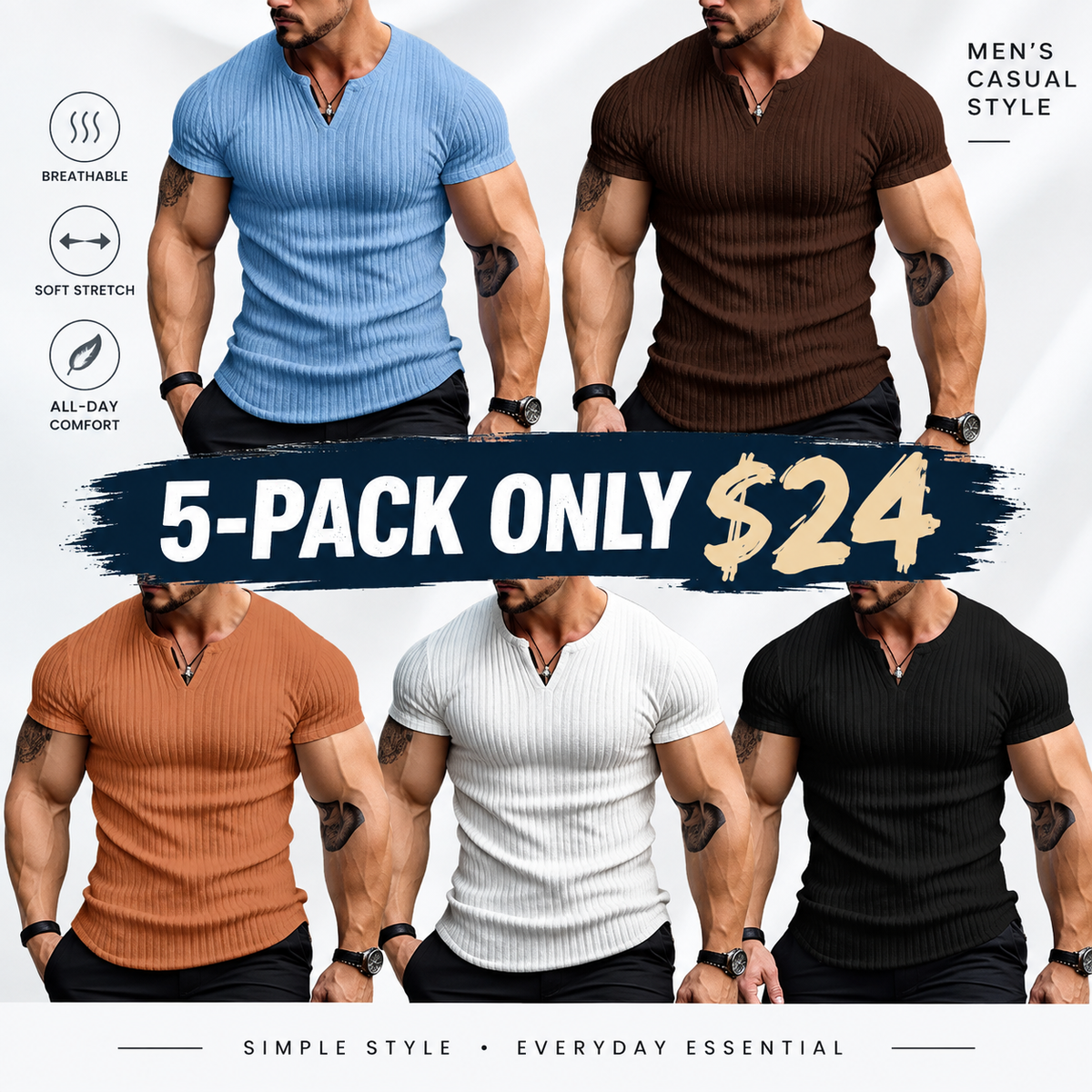 Men's Spring/Summer Striped V-Neck Short-Sleeve T-Shirt