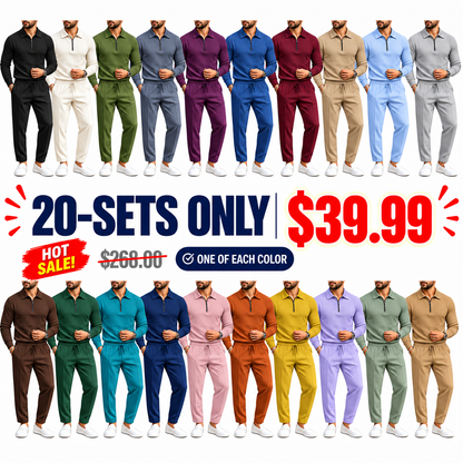 Men's Solid Textured Long Sleeve Polo Shirt & Drawstring Waist Pants Set