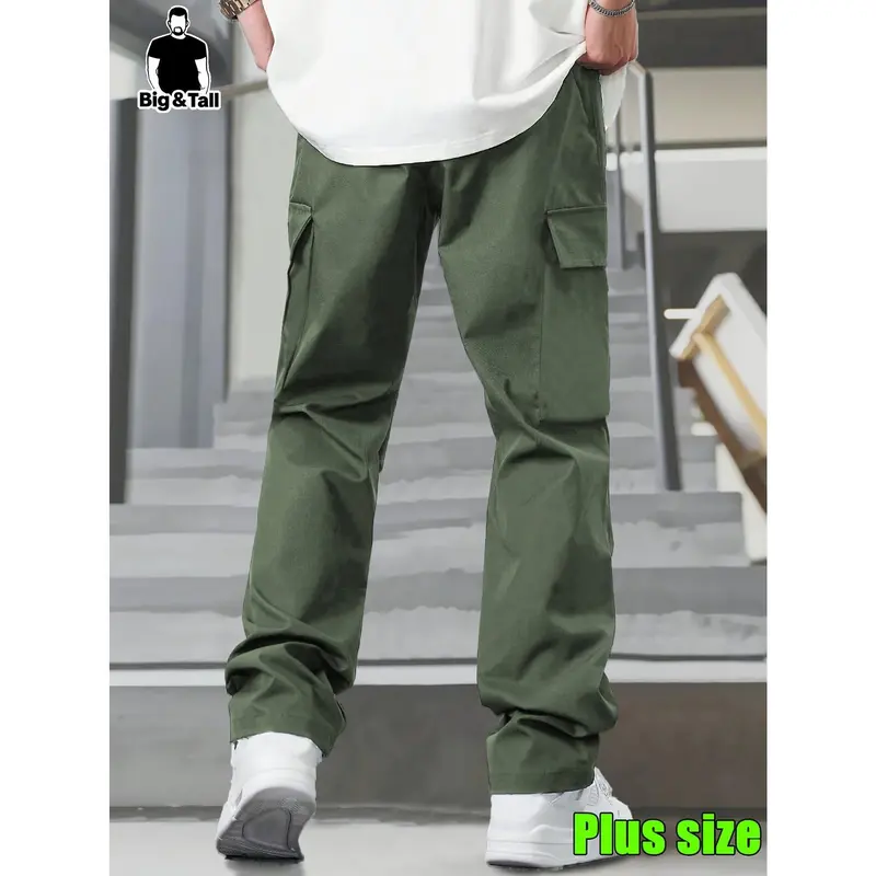 Men's Big & Tall Loose Cargo Pants – Elastic Drawstring Multi-Pocket Casual Streetwear for Outdoor & Daily Wear