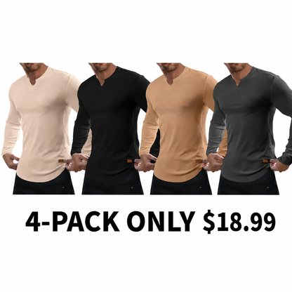 Men's slim-fit V-neck ribbed long-sleeved stretch T-shirt
