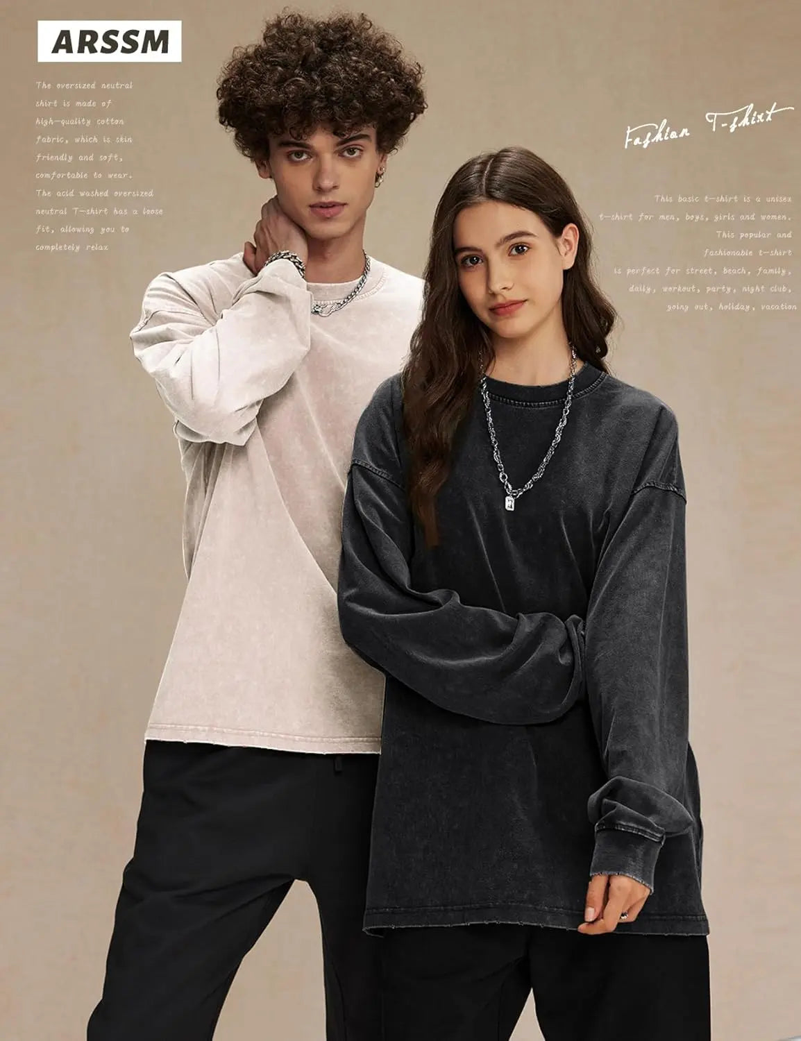 Unisex Long Sleeve Acid Wash Cotton Tee