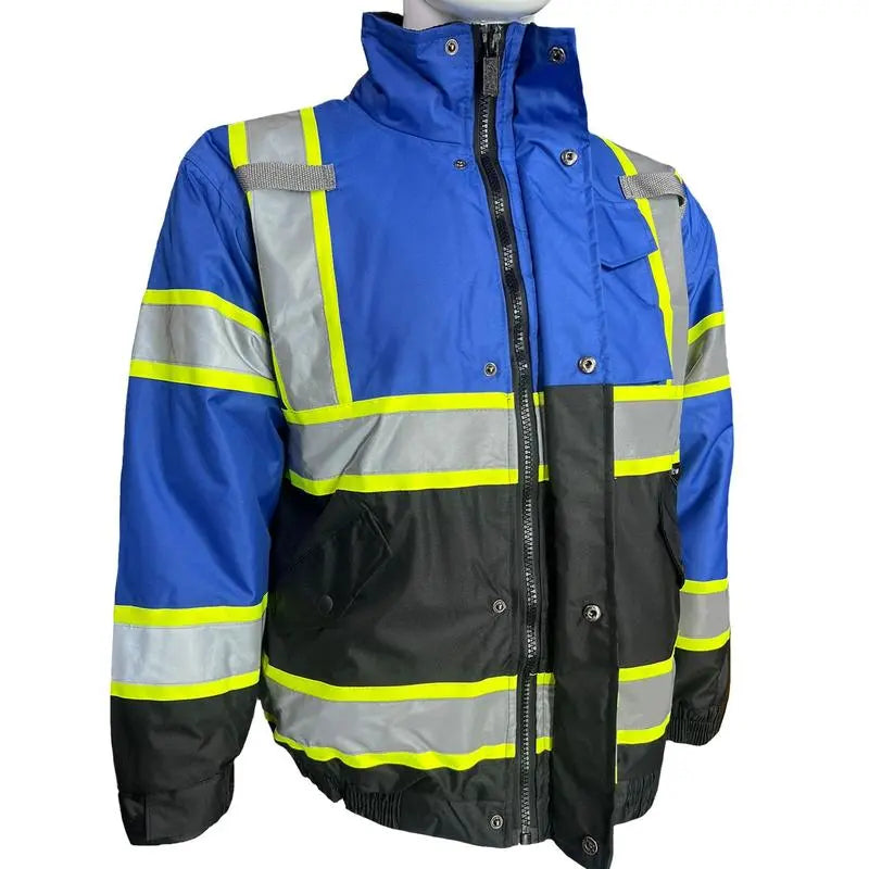 High Visibility Water Resistant Bomber Safety Jacket with Hoodie / Reflective Safety Sherpa Insulated Jacket