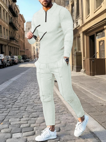 Men's Solid Textured Long Sleeve Polo Shirt & Drawstring Waist Pants Set
