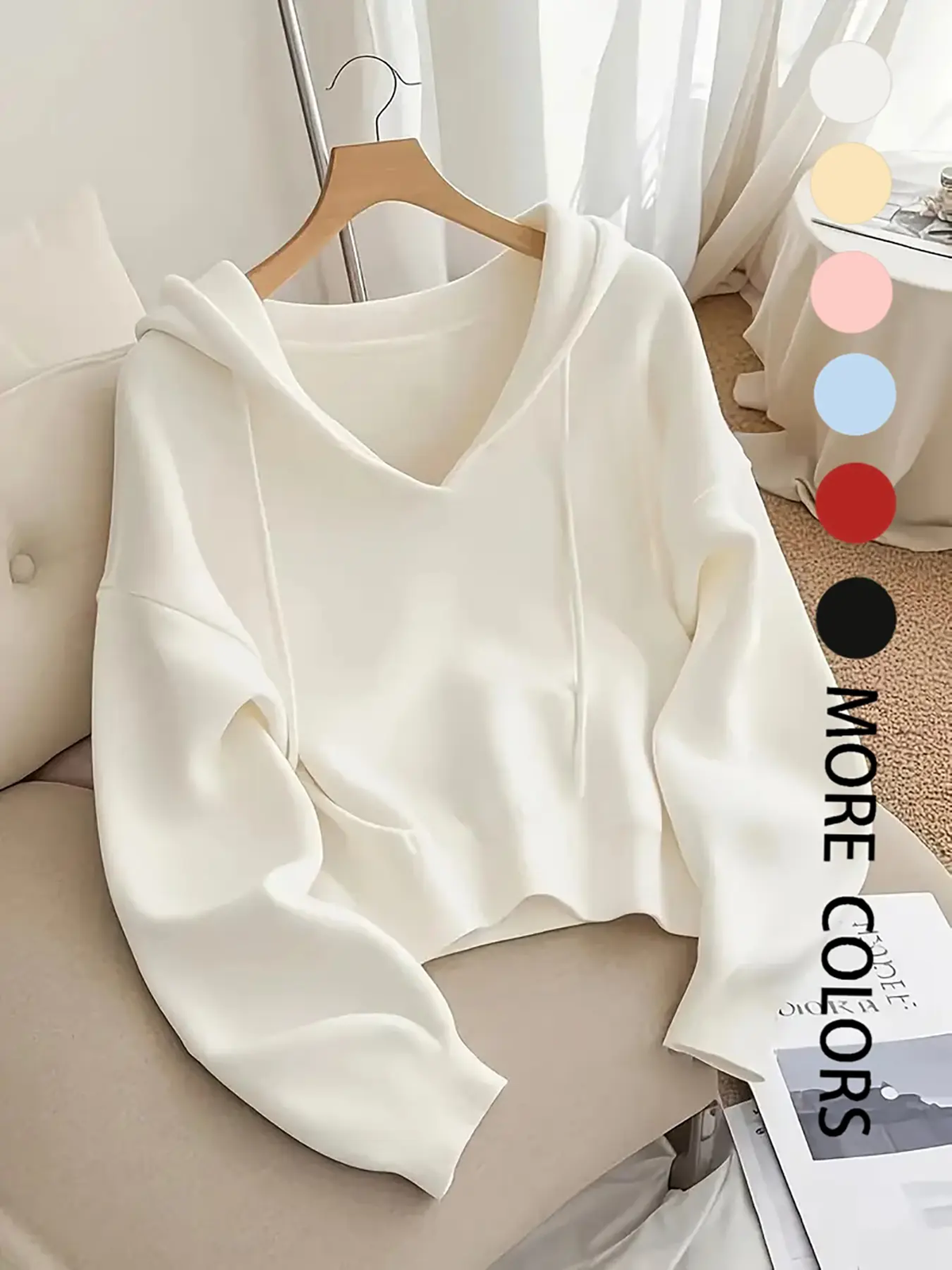 Women's 6-Pack V-Neck Drawstring Hoodie - Loose Fit Soft Knit Pullover, Casual Long Sleeve