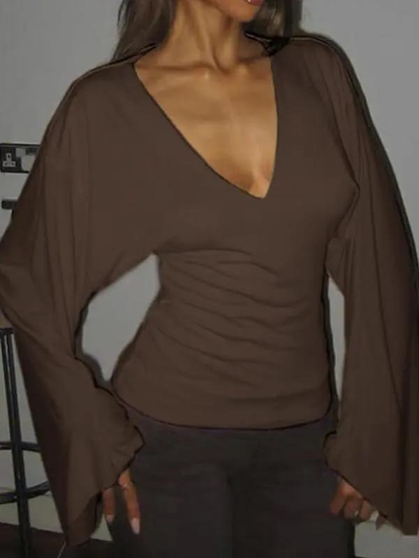 Elegant women's solid-color long-sleeved T-shirt, featuring a sexy deep V-neck and a slim-fit design