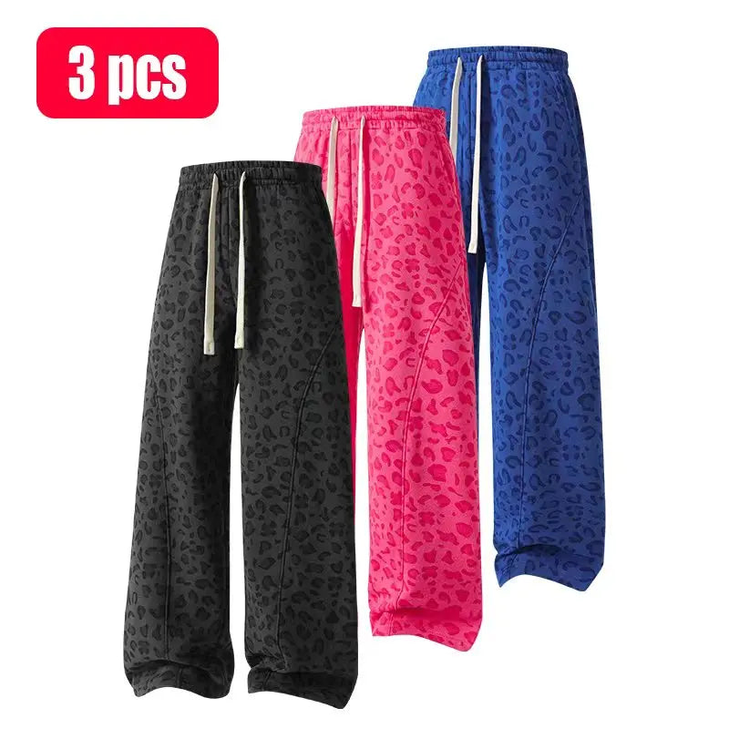 Men's leopard-print casual trousers with side pockets