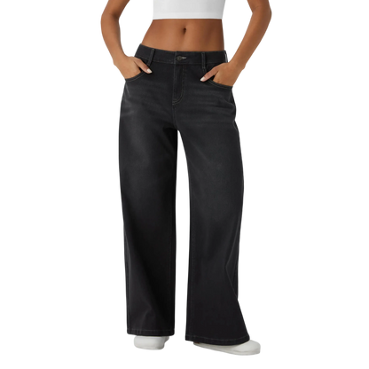 Low Rise Zip Pocket Washed Wide Leg Loose Casual Denim Jeans