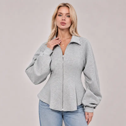 Women's Zip-Front Jacket with Ruched Sleeves and Ruffled Hem