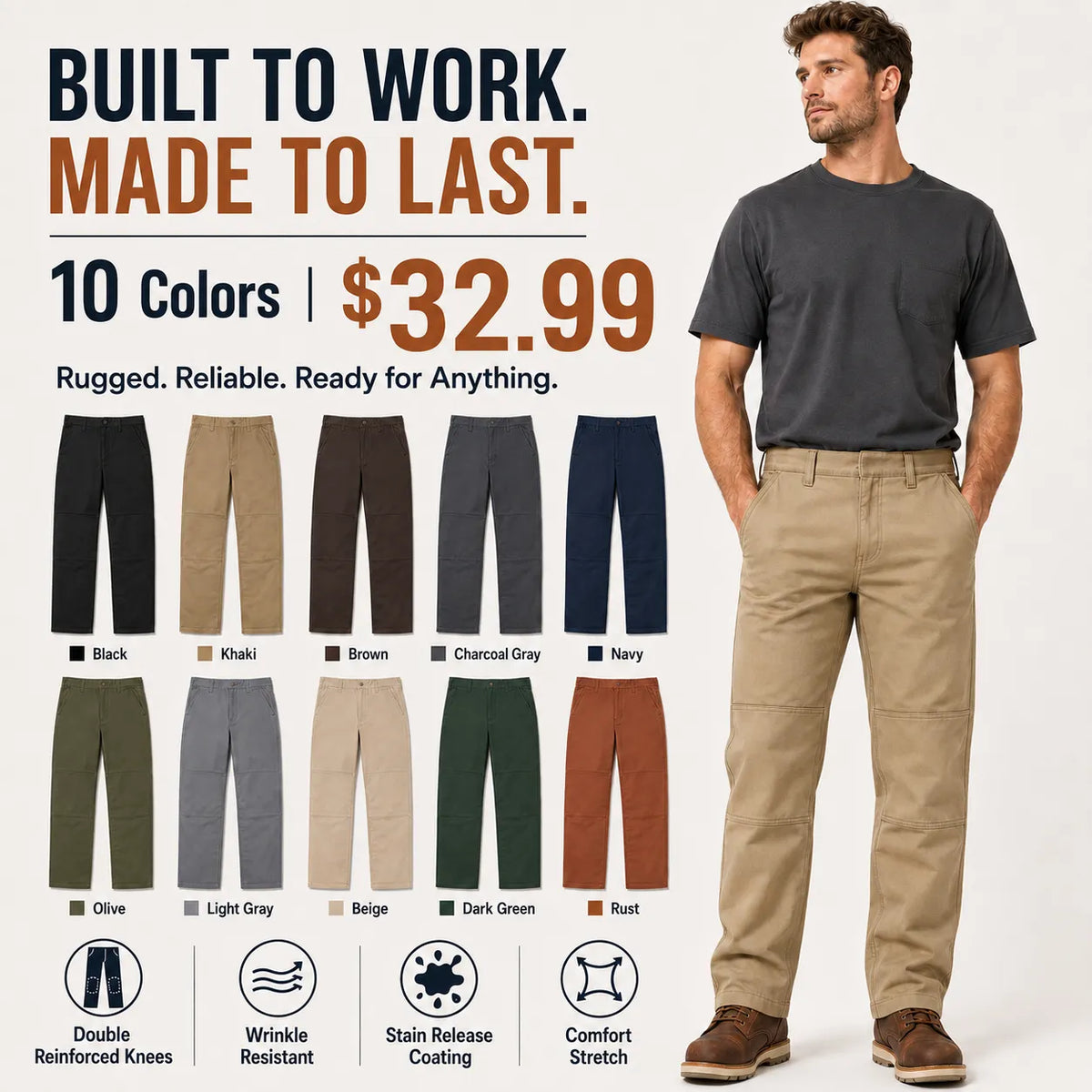 MEN’S DOUBLE KNEE STRAIGHT WORK PANTS