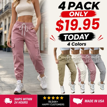 Women's Plain Drawstring Waist Cargo Pants, Casual Pocket Trousers for Daily Wear