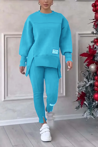 Women's Casual Solid Color Round Neck Long Sleeve Slit Hem Sweatshirt Leggings Set