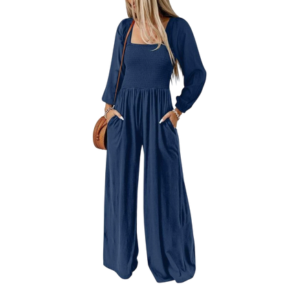 Women's Casual Loose Overalls Jumpsuits One Piece Long Sleeve Wide Leg Long Pant Rompers With Pockets