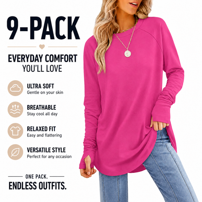 Women's Casual Long Sleeve Tops Crew Neck Round Hem Loose T-Shirts Tunic Tops with Thumb Holes