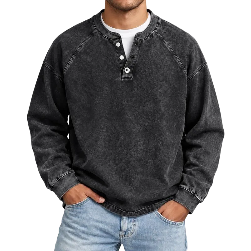 Distressed Washed Cotton Henley Long Sleeve Shirts
