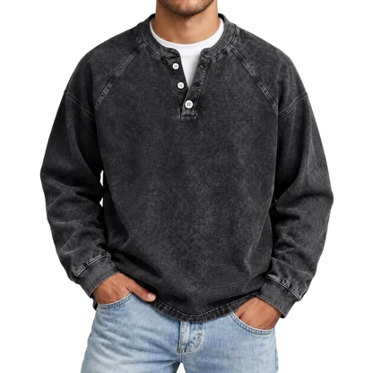 Distressed Washed Cotton Henley Long Sleeve Shirts